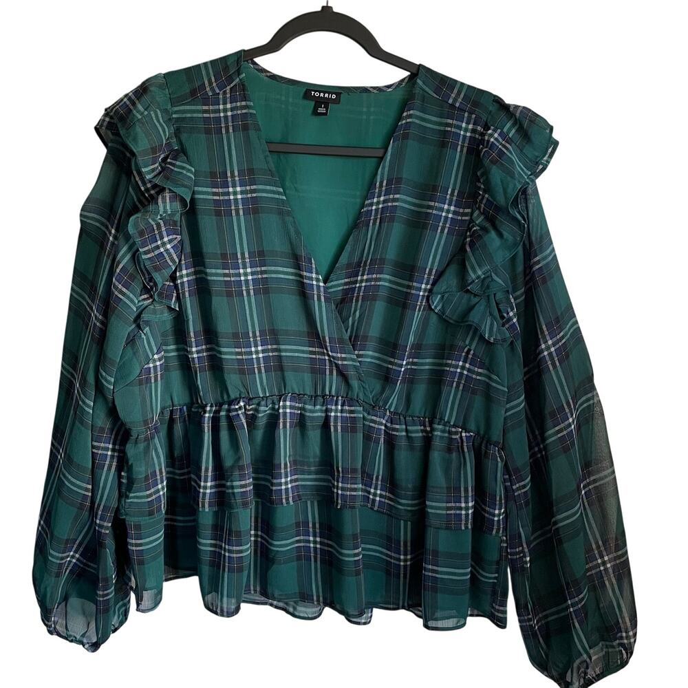 Torrid Peplum Blouse Sz 1X Tiered Ruffled Surplice V-Neck Long Sleeves Feminine